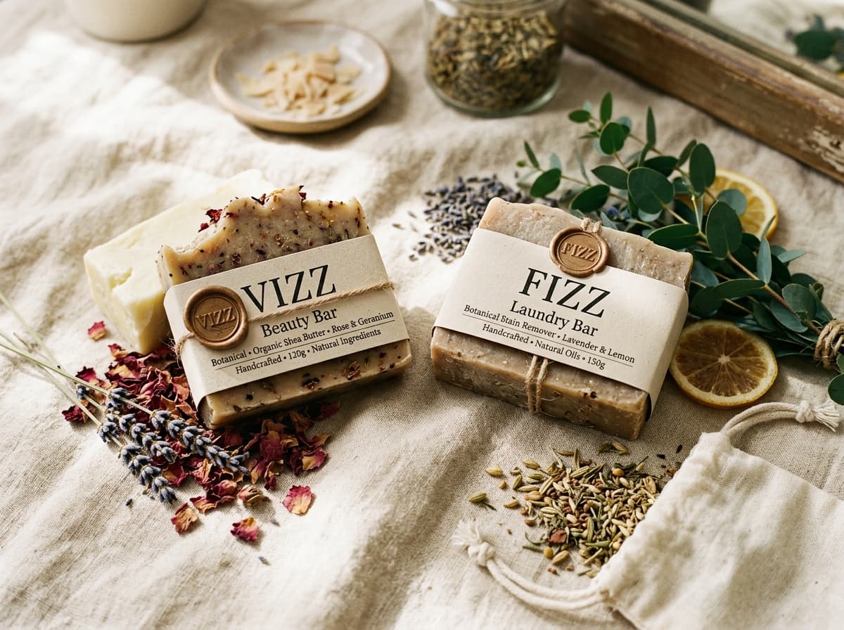 SuhoG Naturals VIZZ Beauty Bar and FIZZ Laundry Bar artisanal soap packaging